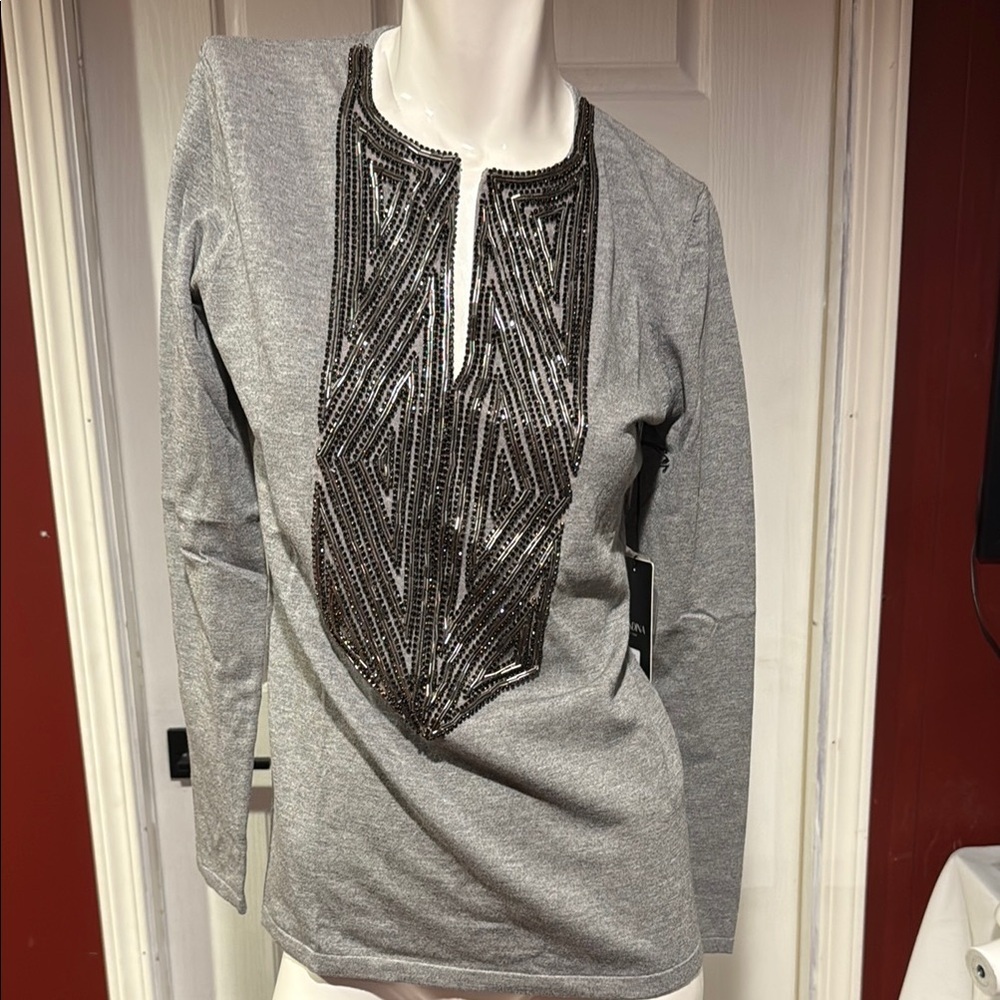Gray Graphic Embellished Blouse with Bib Collar